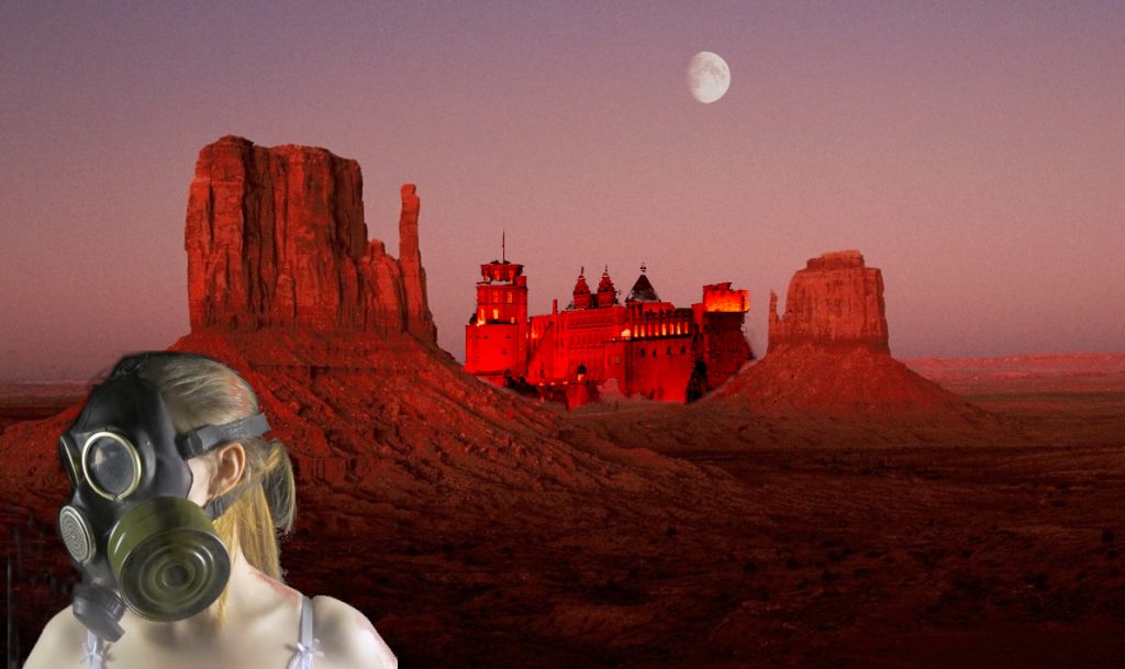 ”She had to walk herself to the desert...” Girl with oxyfen mask faces long journey across a red desert at the end of which stands a glowing castle. Collage © Storynook Pooka.